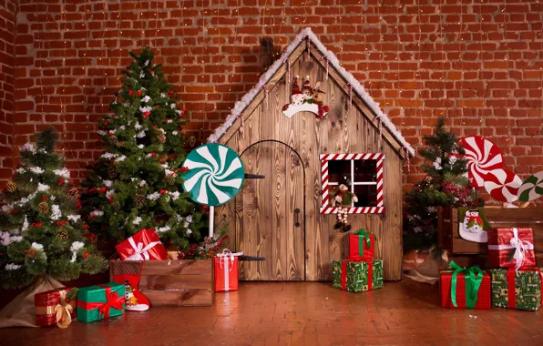 Украшения, комната, игрушки, елка, Новый Год, Рождество, подарки, домик
