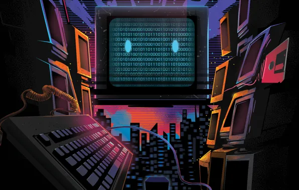 Картинка Неон, Компьютер, Electronic, Synthpop, Двоичный код, Мониторы, Darkwave, Код