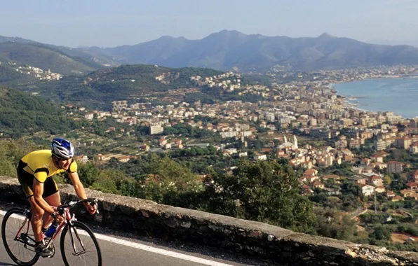 Дорога, море, город, спорт, велосипедист, road bike