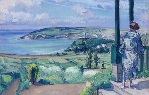 Море, пейзаж, горы, картина, Анри Лебаск, Woman in Blue Peignoir at the Villa at Morgat
