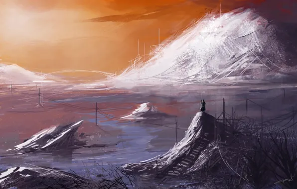 Картинка вода, пейзаж, горы, фантастика, человек, арт, by cloudminedesign, itravel