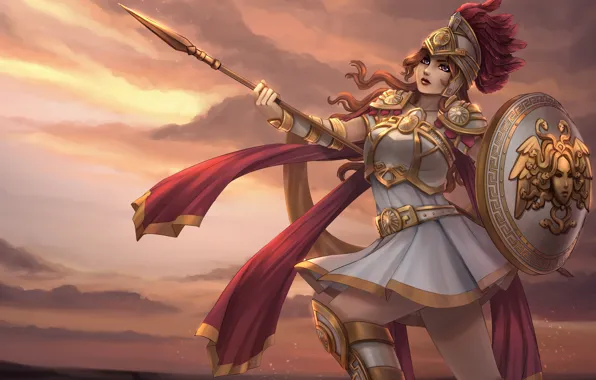 Взгляд, девушка, копье, щит, art, богиня, athena