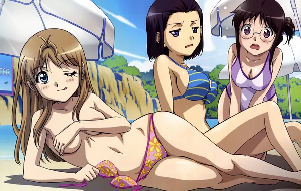Пляж, купальник, грудь, девушки, очки, облизывается, miyano mayu, takeshita miharu