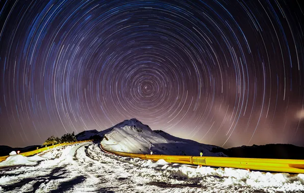 Дорога, небо, пейзаж, горы, ночь