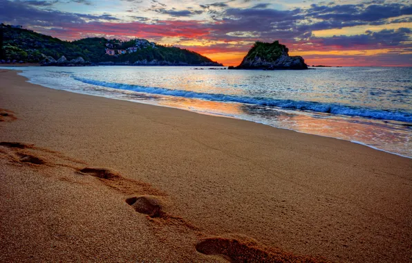 Картинка песок, море, пляж, закат, следы, beach, sea, sunset