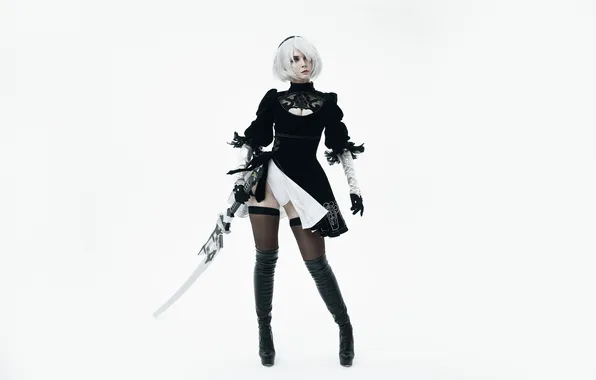 Картинка cleavage, blue eyes, model, women, cosplay, white hair, thighs, Alina Becker
