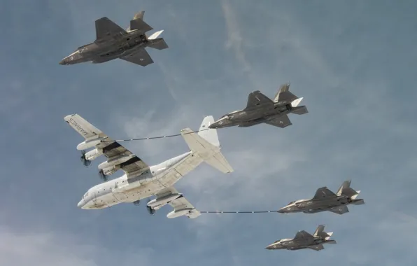 Картинка небо, истребитель, бомбардировщик, самолёт, дозаправка, военно-транспортный, F-35B, Super Hercules