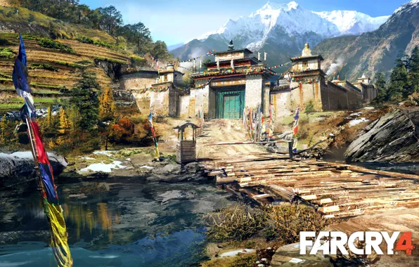 Картинка деревья, пейзаж, горы, мост, река, картина, дворец, Far Cry 4
