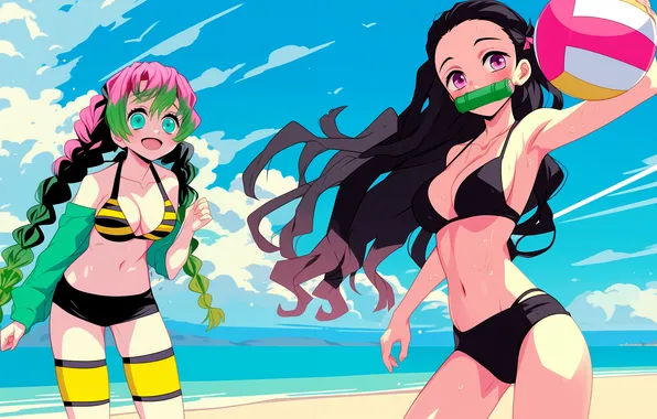 Море, пляж, купальник, небо, аниме, воллейбол, demon slayer, nezuko kamado