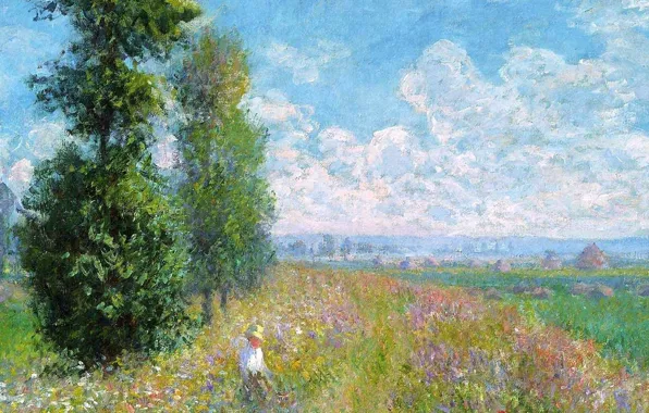 Поле, трава, пейзаж, цветы, картина, луг, клод моне