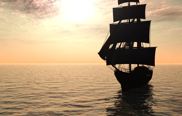 Небо, солнце, океан, парусник, визуализация, render, пиратский корабль, Pirate Ship
