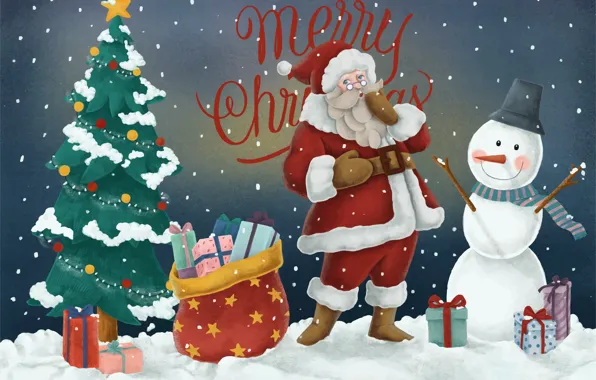 Картинка Зима, Рождество, Новый год, Санта Клаус, Merry Christmas, Подарки, Снеговик, Рождественская елка