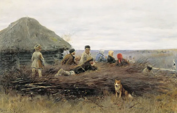 Картинка масло, собака, хижина, холст, 1899, Дети на хворосте, Алексей СТЕПАНОВ