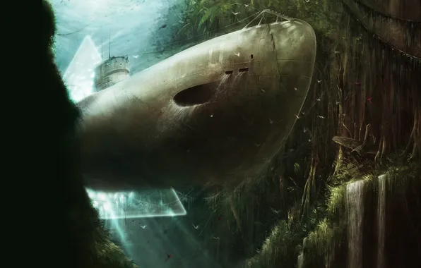 Картинка джунгли, арт, подводная лодка, art