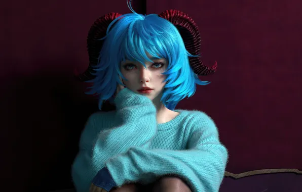 Взгляд, портрет, голубые глаза, голубые волосы, красивая девушка, blue eyes, очарование, look