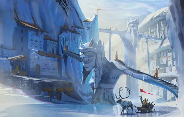 Лёд, олень, сани, поселение, Ice and Horns