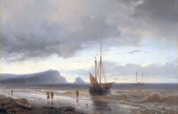 Пейзаж, корабль, масло, парусник, картина, парус, 1850, Йохан Хендрик Луи Мейер