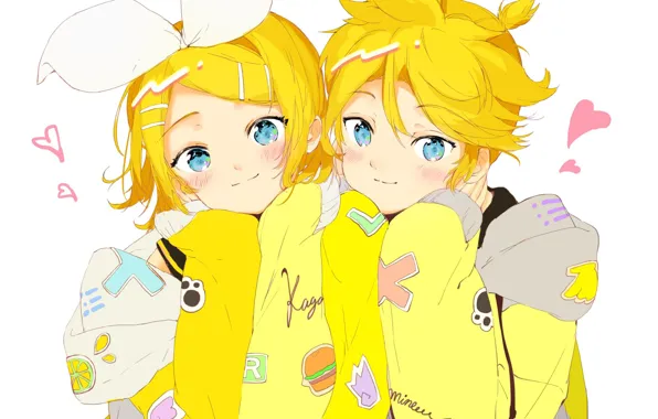 Мальчик, девочка, сердечки, Kagamine Rin, Kagamine Len, Vocaloids