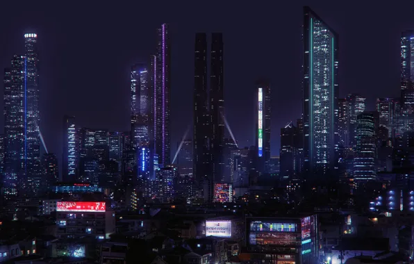 Картинка будущее, ночной город, Cyberpunk, Jonathan Lucero, Scemestry City