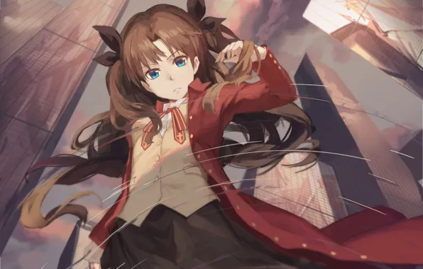 Вода, девушка, город, отражение, лужа, Тосака Рин, Tohsaka Rin, Fate / Stay Night