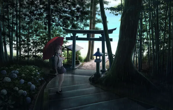 Девушка, деревья, цветы, природа, дождь, зонт, аниме, арт