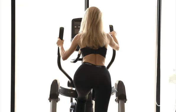 Hot girl, sexy woman, black tights, bare shoulders, sweatpants, from behind, long blonde hair, sports …