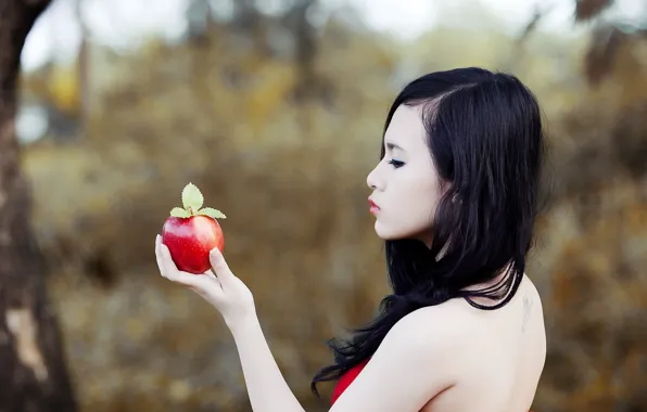 Девушка, яблоко, азиатка
