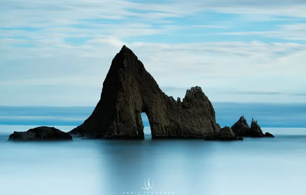 Пляж, облака, скала, океан, USA, photographer, California, Kenji Yamamura