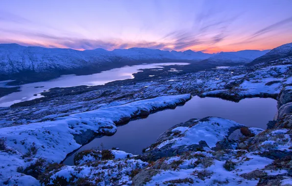 Картинка снег, закат, горы, Норвегия, Norway