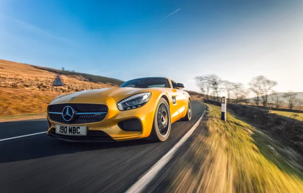 Желтый, Mercedes, мерседес, AMG, амг, UK-spec, 2015, GT S