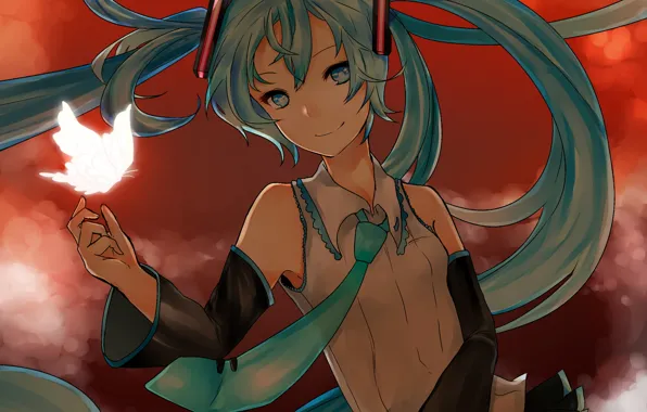 Девушка, бабочка, аниме, арт, vocaloid, Hatsune Miku, вокалоид