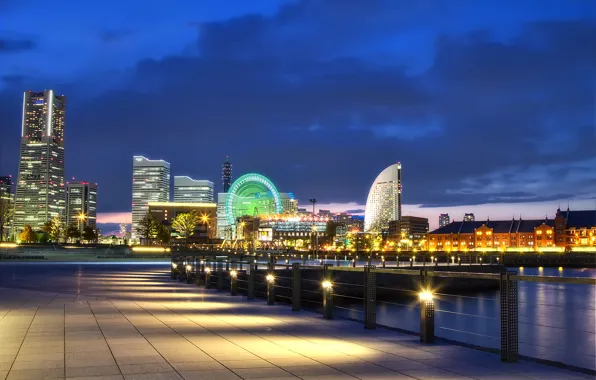 Картинка ночь, огни, Япония, порт, залив, Japan, набережная, мегаполис