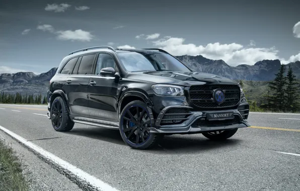 Картинка Mercedes, Front, Black, Mountain, Mansory, Road, GLS-Class, 2021