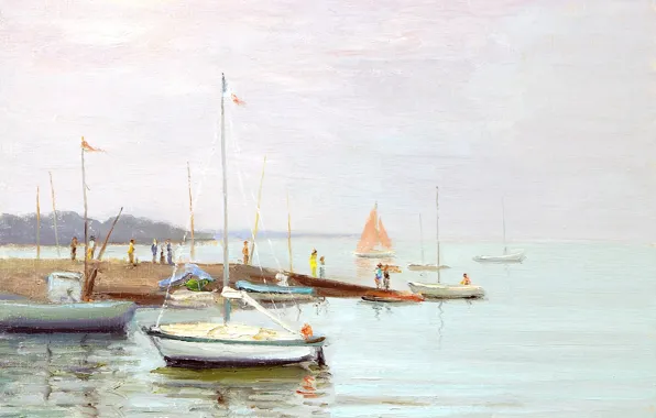 Картинка море, горы, лодка, картина, яхта, морской пейзаж, Марсель Диф, Afternoon on the Quay