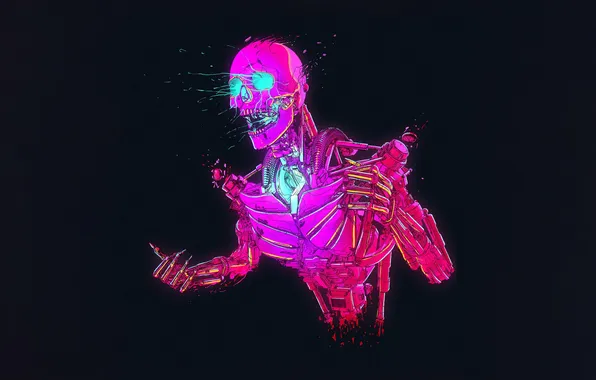 Темный фон, минимализм, неон, скелет, minimalism, neon, skeleton, dark background