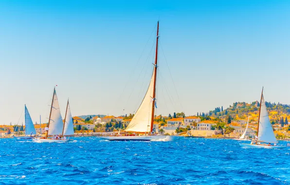 Море, город, побережье, яхты, Греция, паруса, Greece, Lefkas