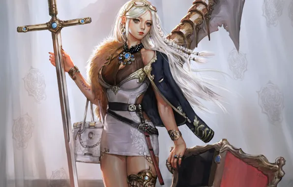 Картинка girl, sword, fantasy, dress, weapon, blue eyes, blonde, digital art