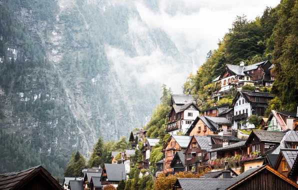 Mountains, village, cabins, wooden houses