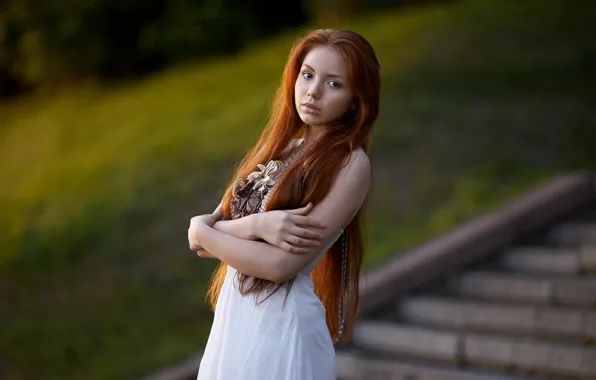Long hair, women, bokeh, redhead, white dresses