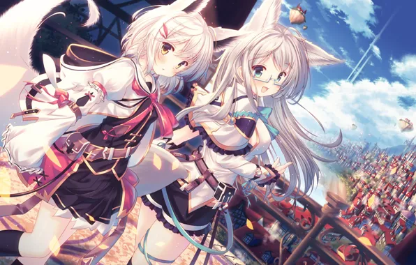 Город, девушки, очки, ушки, anime, art, хвостик