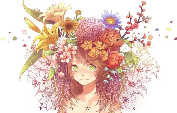 Картинка девушка, цветы, улыбка, ветви, аниме, лепестки, сакура, арт