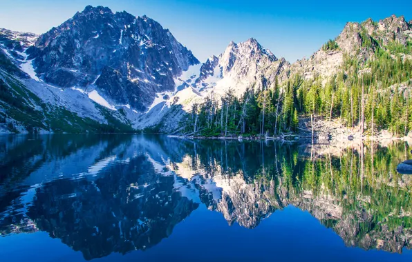 Горы, озеро, отражение, Вашингтон, Washington, Каскадные горы, Cascade Range, Озеро Колчак
