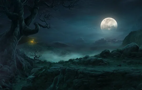 Картинка облака, пейзаж, ночь, дерево, скалы, луна, хижина, diablo 3