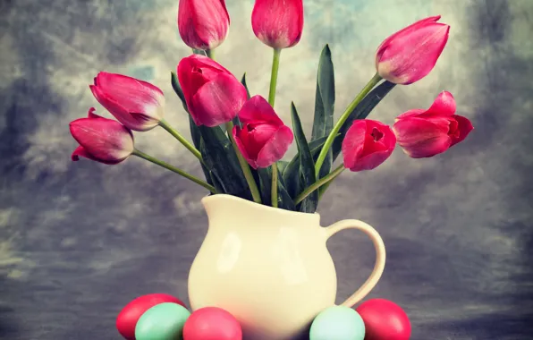 Картинка яйца, Пасха, тюльпаны, tulips, Easter, eggs, vase, bouquet