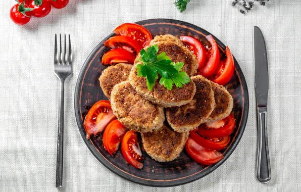 Стол, еда, тарелка, нож, мясо, вилка, помидоры, скатерть