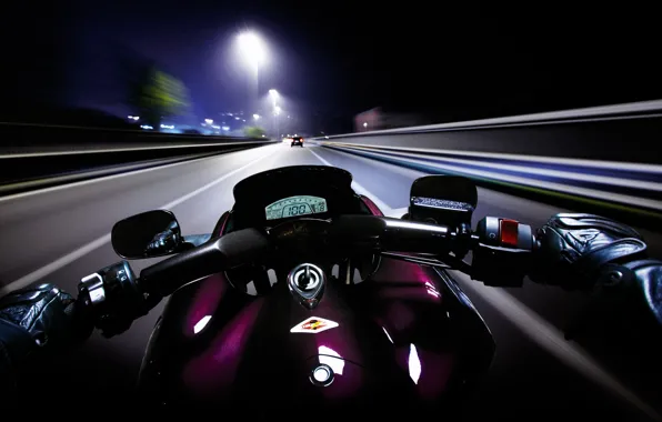 Картинка дорога, ночь, скорость, мотоцикл