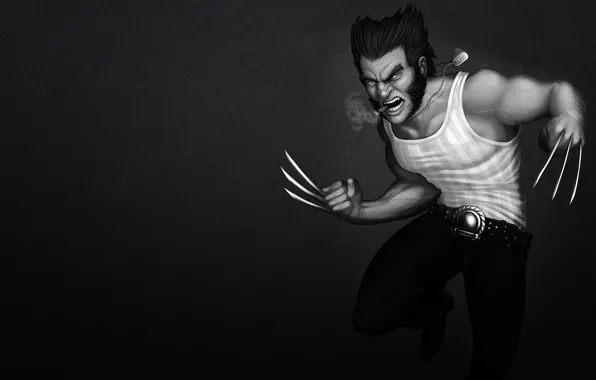Картинка сигара, злой, Росомаха, Логан, люди икс, Wolverine, Marvel, черно-белый фон