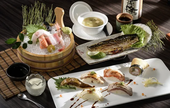 Картинка рыба, суп, суши, морепродукты, ассорти