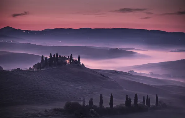 Картинка hills, sunrise, italy, toscana