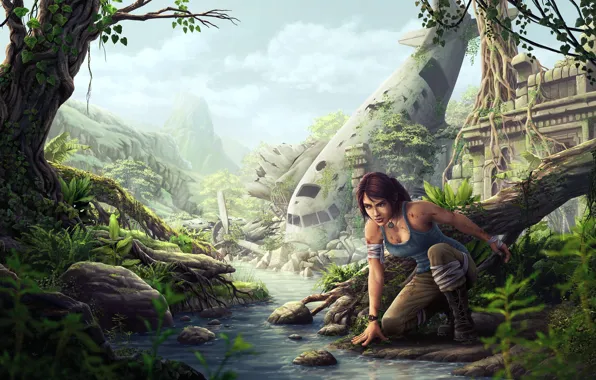 Картинка девушка, самолет, ручей, джунгли, остов, арт, руины, речка